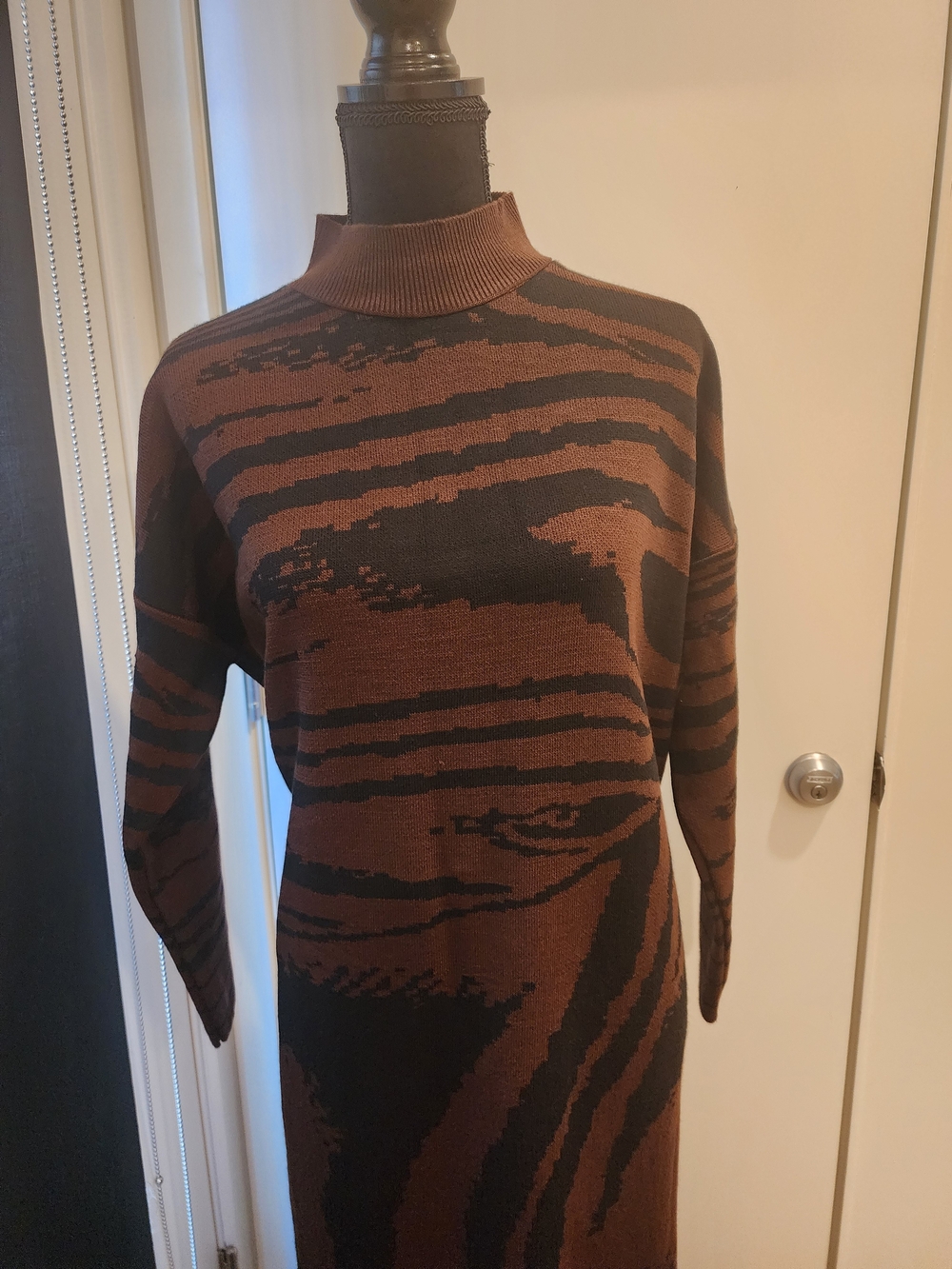 Brown and Black Patterned Mock Neck Sweater Dress